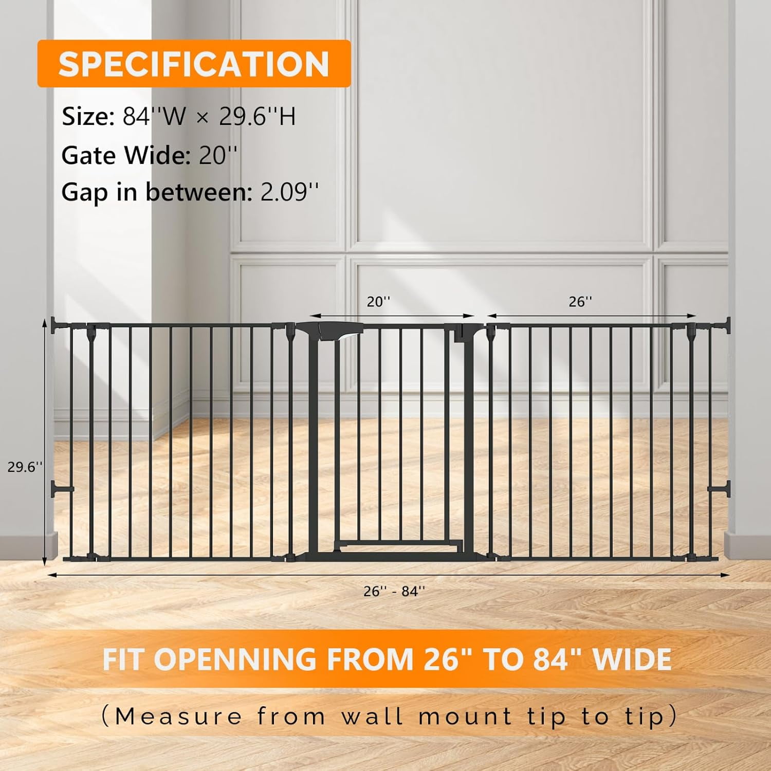 Baby Safety Gate, 82-Inch Configurable Walk-Through Fence for Toddler/Pet/Dog/Cat/Puppy, Adjustable Metal Barrier for Fireplace/Stairs/Doorways