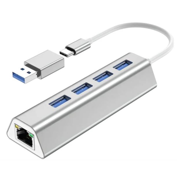 Adaptador USB-C a Ethernet Gigabit 5 en 1 Hub USB 3.0 con RJ45 y HDMI 4K Malubero Plateado