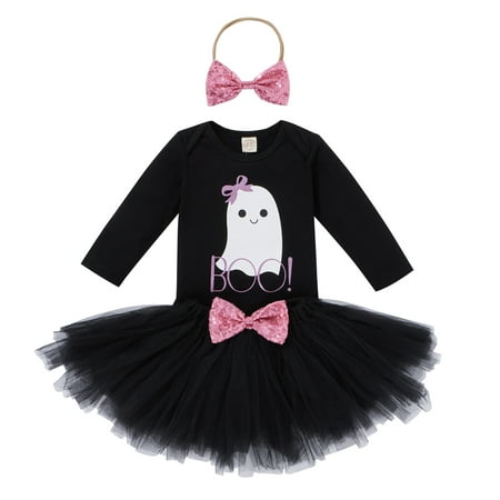 

LBECLEY Girls Clothes Size 8 Outfits Baby Girls Long-Sleeved Round Neck Cartoon Romper Bow Skirts Headband Outfits Set Girl Outfit Black 100