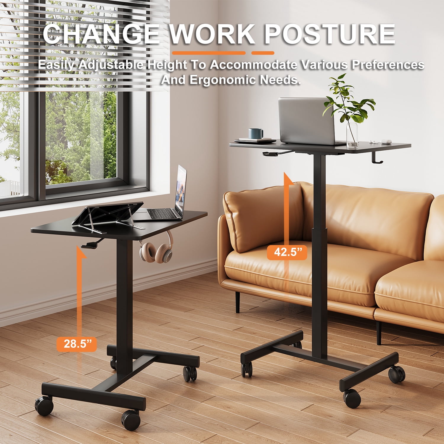 Gas Spring Height Adjustable Mobile Sit-Stand Mini Desk, Lockable Casters & Headphone Hook, Rolling Laptop Side Desk 28.5"-42.7" Height Range