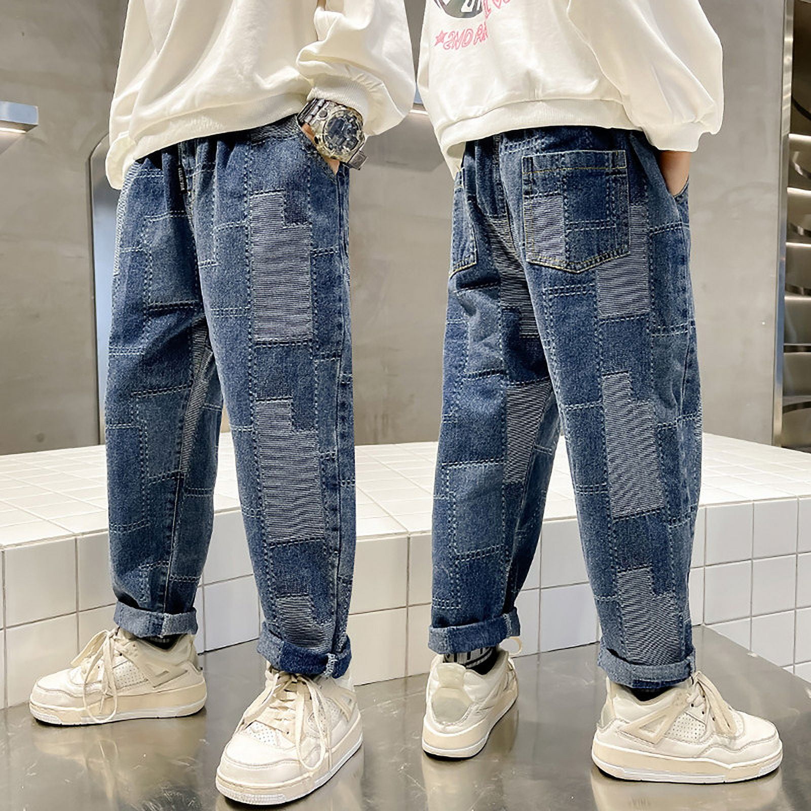 Rolanko Gescheurde jeans met elastische taille voor jongens, retro denim broek met taps toelopende pijpen en zakken voor kinderen, Donkerblauw, 13-15 ans