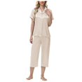 thumbnail image 2 of Juosiy Women Simpe Fashion Ice Silk Satin Sleepwear Solid Color Smooth Lapel Short Sleeve Capri Pajamas Home Suit, 2 of 7