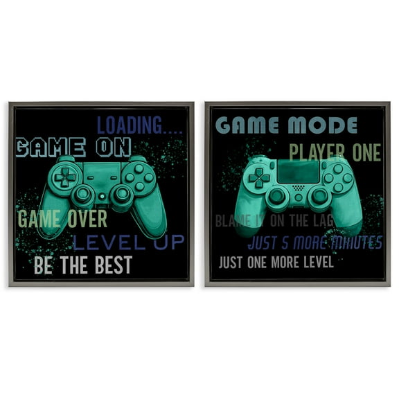 Stupell Industries Retro Gaming Phrases Controllers 2 Piece Gray Framed Floater Canvas Set, design by Kim Allen