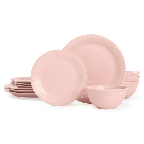 Paris Hilton London Collection 12-Piece Stoneware Dinnerware Set, Plates & Bowls Dish Set, Service for 4, Microwave & Dishwasher Safe, Blush Pink with Bow Design