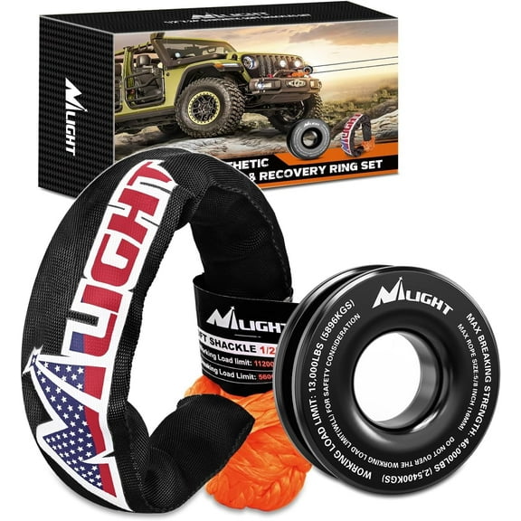 Nilight Synthetic Soft Shackle & Recovery Ring Kit 1/2inch x 24inch Soft Shackle (56,000 LBS Breaking Strength) with Snatch Ring (46,000 LBS MBS) for 4x4 Truck SUV ATV off Road