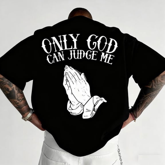 Men'S "Only God Can Judge Me" Graphic T-Shirt - Casual Crew Neck,Loose Fit, Short Sleeve Top, Polyester, Beige with Praying Hands Design,Cotton Fabric