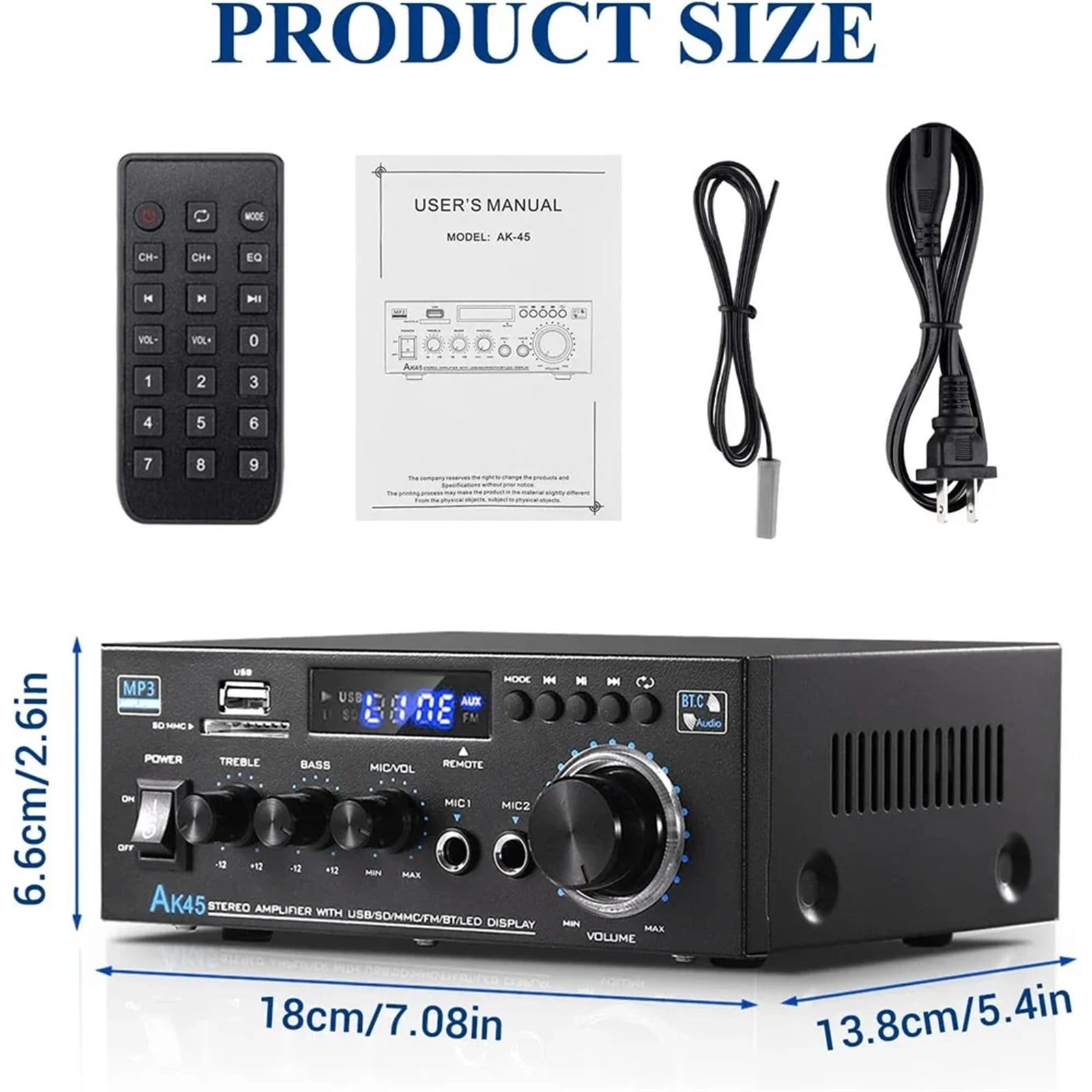 AK45 Power Amplifier HiFi Stereo Amplifier Channel 2.0 Max Power 90Wx2 AMP for Home Theater Car Amp De ,Bass & Treble Control