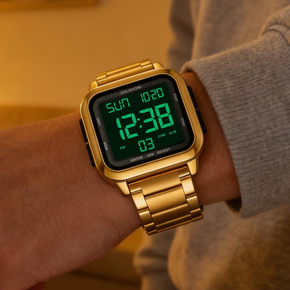 ZOLOHONI Digital Watches for Men Gold Stainalee Steel Waterproof Electric Watch Mens Sports Watches