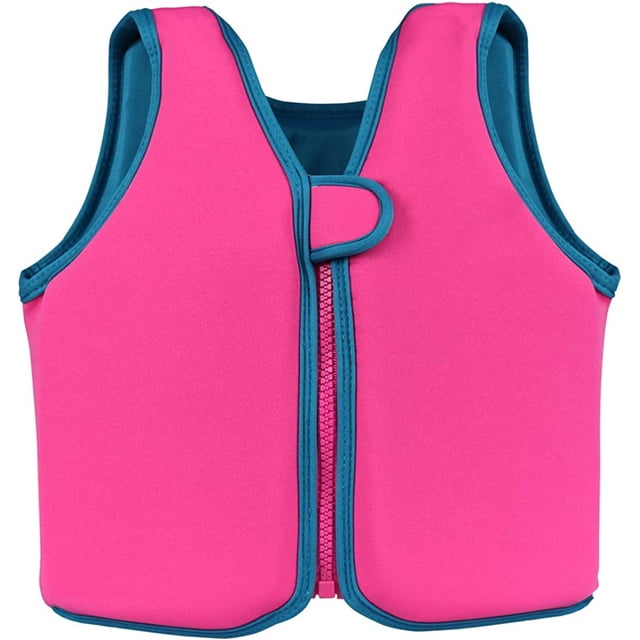 chaleco salvavidas para niños, chaleco salvavidas para niñas y niños, chaleco de neopreno para empezar a nadar rosa con ribete turquesa. Vista frontal centrada con cierre frontal: cremallera gruesa autoblocante y solapa de velcro. Diseño envolvente que deja los brazos libres; neopreno y licra suaves. Talla M recomendada 22–33 lb; ayuda a desarrollar confianza y aprender a nadar. A menudo usado también para practicar juegos acuáticos supervisados.
