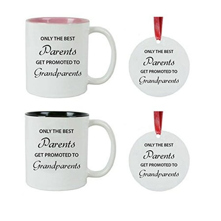 Only the Best Parents Get Promoted to Grandparents Ceramic Coffee Mugs Bundle with 3-inch Aluminum Christmas Ornaments (Black, Pink) - Great for Expecting Grandpas, Grandmas for Dad,
