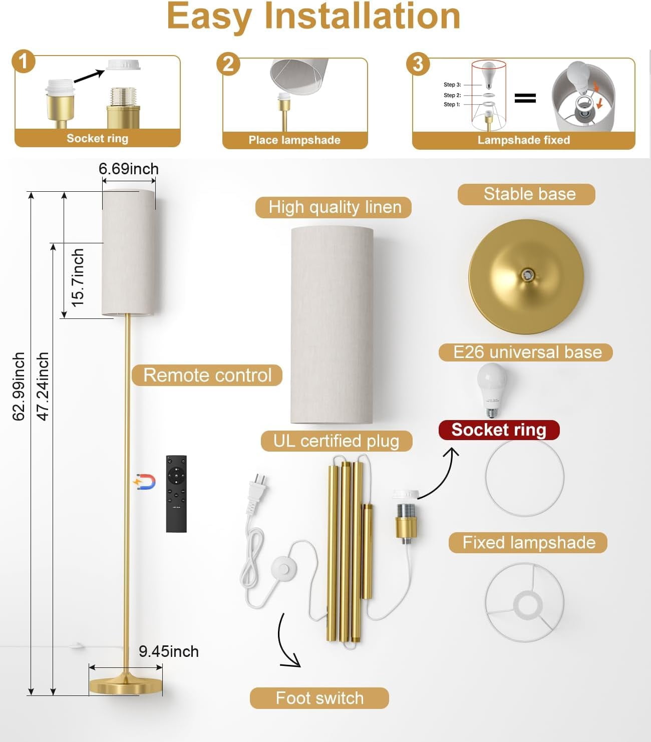 Led Floor Lamp For Living Room  Dimmable Standing Lamps With Foot Remote Custom Color Temperature Pole Lampshade 12w Bulb Tall Bedroom Office