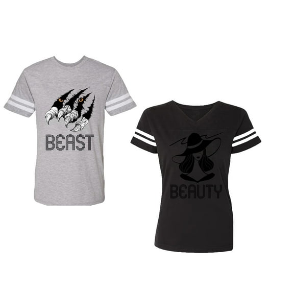 Beast Beauty Unisex Couple Matching Cotton Jersey style T-Shirt Contrasting stripes on sleeves (Men Heather / Women Black) (Men S / Women S)