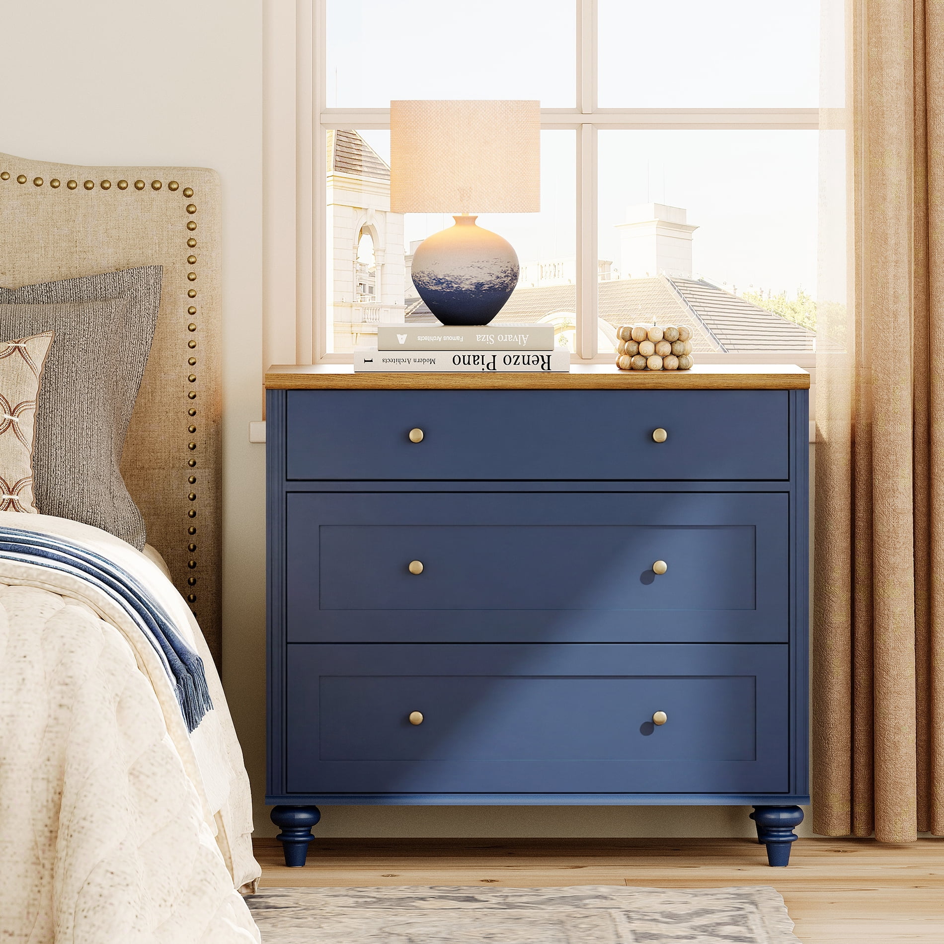 Navy Blue Farmhouse 3-Drawer Nightstand, 34 Inch Large Wooden Multipurpose Storage Dresser Chest