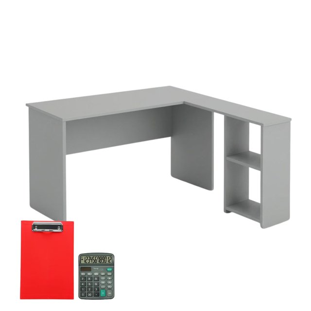 Escritorio Esquinero L Homeoffice Estudiantil color Gris Claro material MDP. Incluye tabla porta pape y calculadora