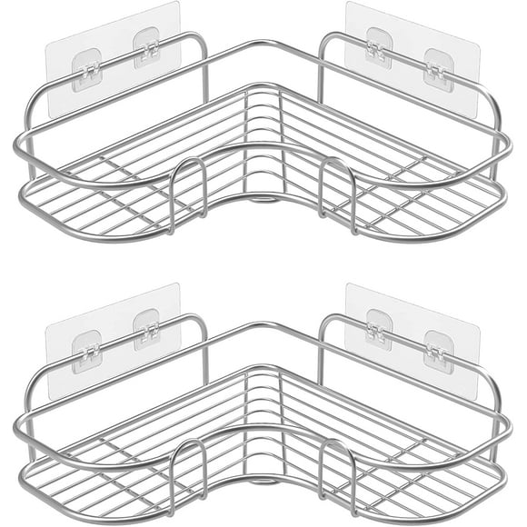 Shower Corner Shelves No Drilling, Stainless Steel Bathroom Storage Shelf with 2 Self Adhesive Hooks, Wall Mounted Shower Caddy Organiser Shelves