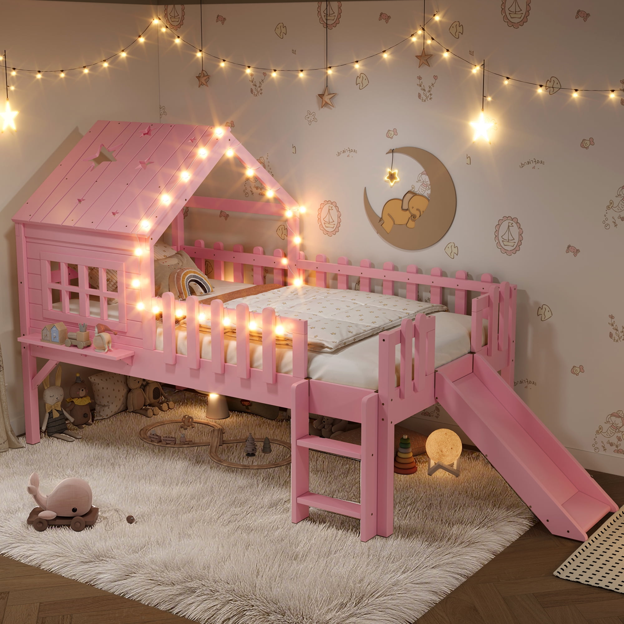 Mintazer Twin Size Kids House Loft Bed with Slide & LED Lights, Modern Playhouse Bed with Star Shaped Designs & Ladder, No Box Spring Needed, Pink