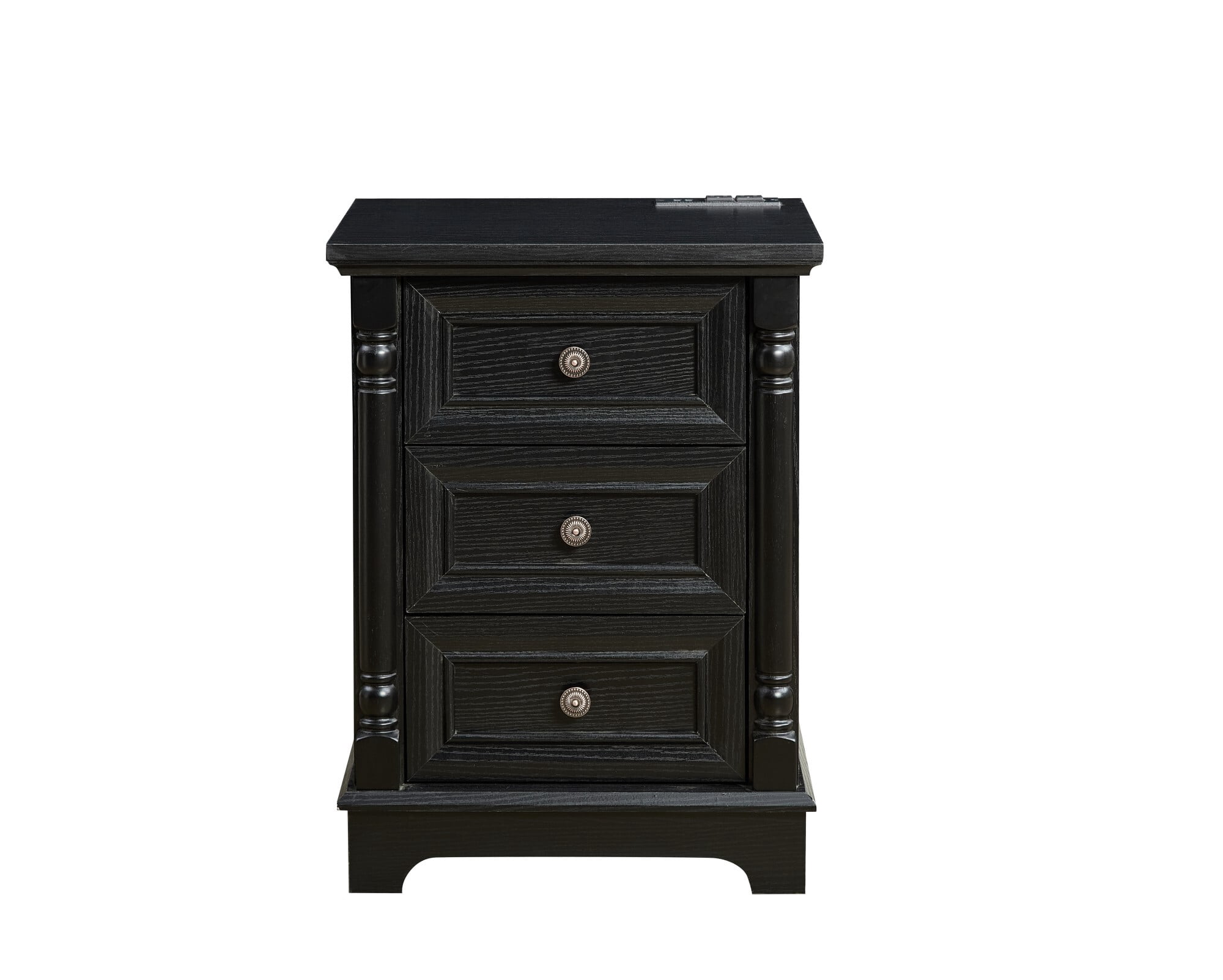 AENKYO Farmhouse 3-Drawer Nightstand with Charging Station, Rustic Wooden End Table for Bedroom & Living Room, Black