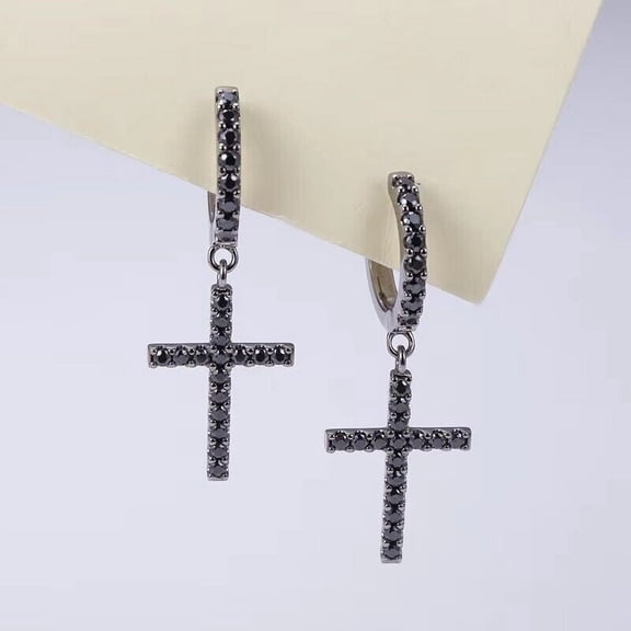 Sparkle Jewels Black Cubic Zirconia Cross Drop Dangle Hoop Women Earrings 14k White Gold Plated