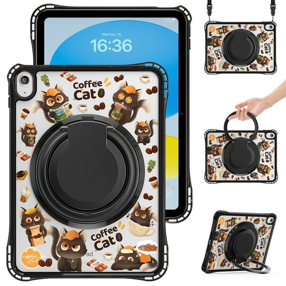 ELEHOLD Shockproof Protective Case for iPad Mini 7th(A16 Pro)/ 6th Generation, Cute Animals Design 360° Rotating Stand Rugged Shockproof Clear Case with Shoulder Strap,Cat