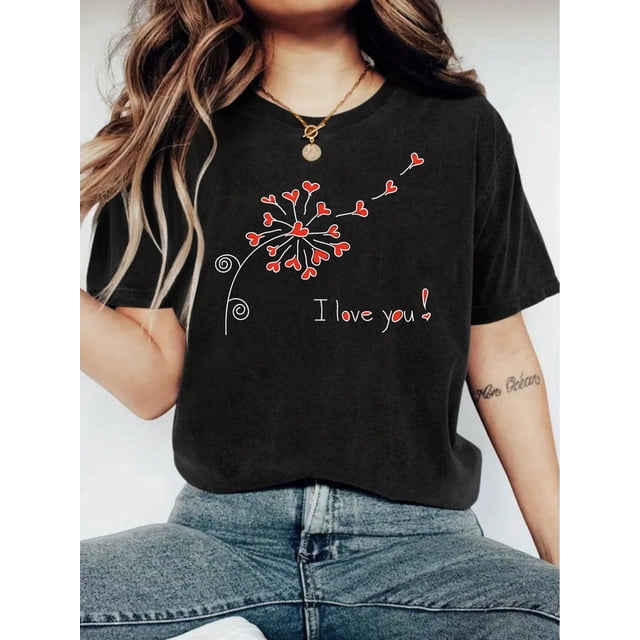 Women's Fashionable I Love You Print T-Shirt For Valentine's Day - Casual Short Sleeve Crew Neck TopCamisetas para mujer, lindas camisetas con estampado gráfico, de manga corta, estilo casual, para ve