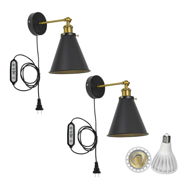 KAYYELAMP 2-Pack Hook Mounted Plant Light Full Spectrum 6000K 25W White Light Timing Plug in Cord Vintage Black Cone Shade Wall Lamp for Indoor Plants Flowers Growing