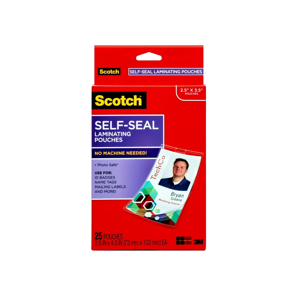 Scotch SelfSeal Laminating ID Clip Pouches, 2.5" x 3.5", 25 Count