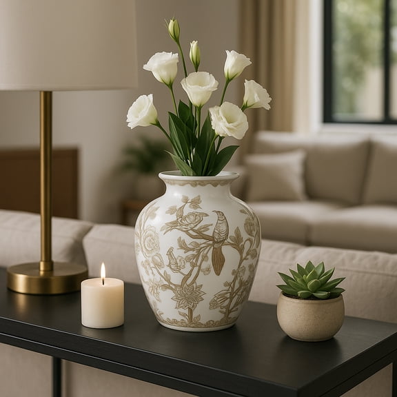 Decorative Bird and Vines Flower Vase for Home Decor - Ceramic Vase for Bedroom, Kitchen, and Entryway Styling - House Accent for Dining Room and Coffee Table Display - 11", Brown & White