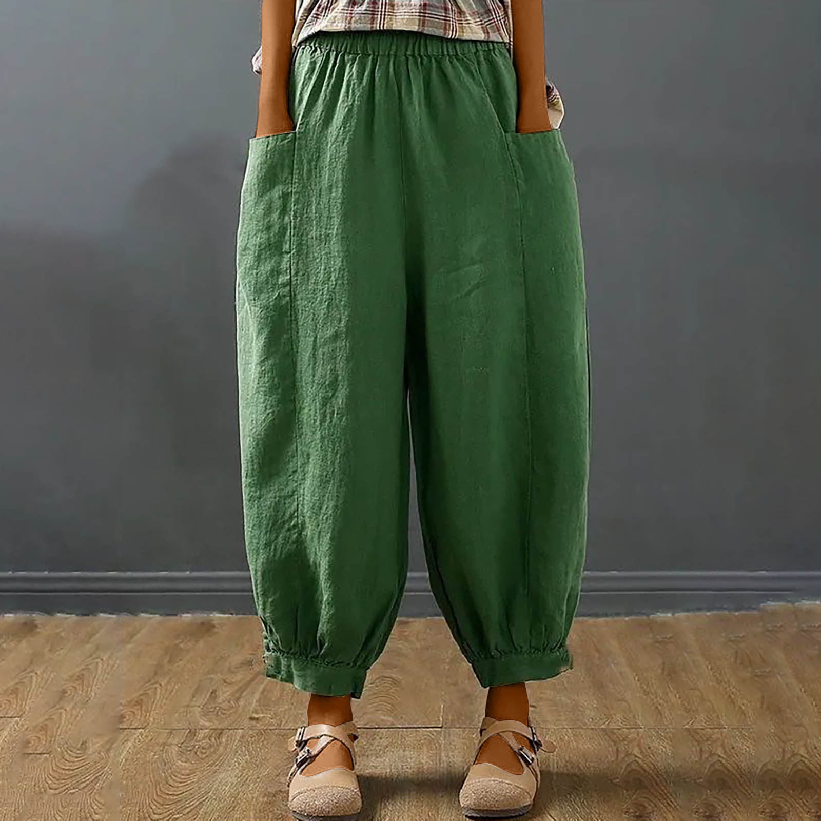Linen Wide Leg Pants for Women Summer Casual Elastic Waisted Pants Loose  Baggy Cotton Comfy Cuffed Pants with Pockets (Medium, White 16) 