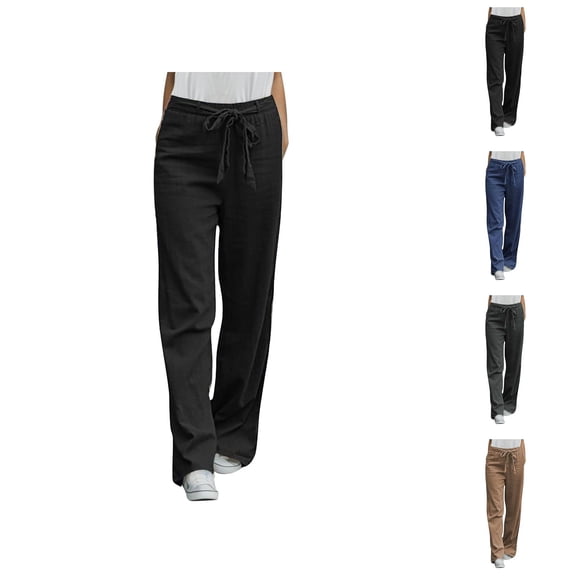 Cotton Linen Pants Women Summer Lightweight Elastic Waist Wide Straight Leg Loose Fit Lounge Pants Beach Trousers