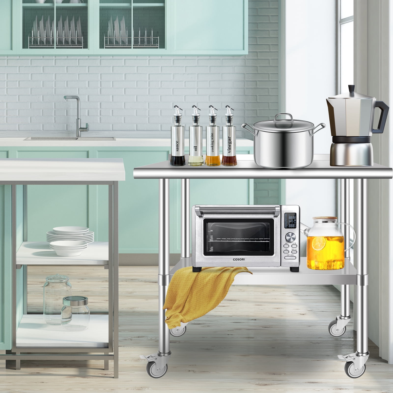 PRIJESSE 36 x 30 Inch With baffle Stainless Steel Table w/ Undershelf, Casters, Commercial Kitchen Work & Prep Table