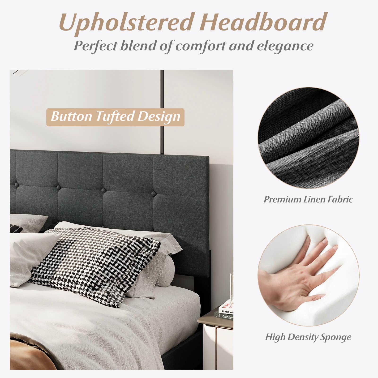 Costway Queen Size Bed Frame Linen Upholstered Platform Bed Frame with Tufted Headboard