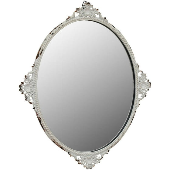 Oval Mirror With Worn White Metal Decorative Details