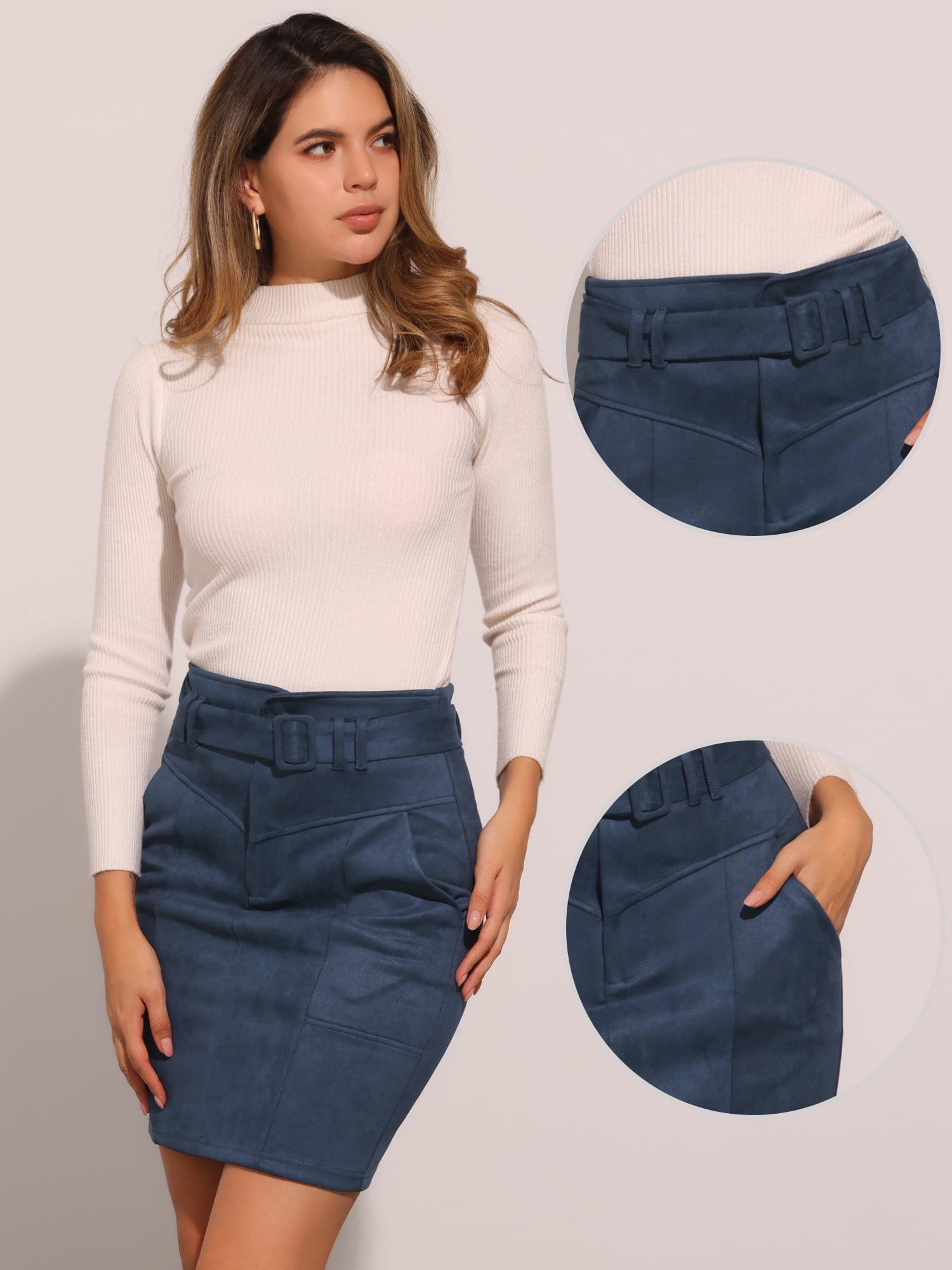 DARING DIVA Women's Faux Suede Skirt Belted Pencil Skirts XS Dark Blue