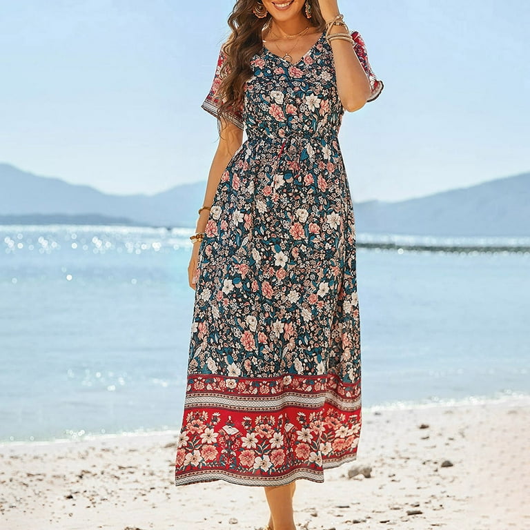 MELDVDIB Women s Bohemian Long Dress Vintage V neck Loose Short