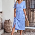 thumbnail image 4 of SMihono Robe Maxi Bohème d'Été pour Femmes Grande Taille Mode Décontractée Printemps et Été Manches Courtes Col en V Robe Unie Robe de Plage, 4 of 7