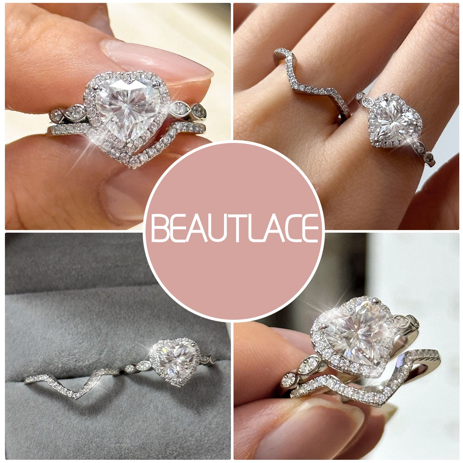 Beautlace 2Ct Heart Wedding Ring Set,Sterling Silver Moissanite Engagement Bridal Rings Set for Women Size 7