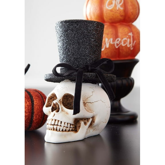 5" Resin Skull with Glittery Black Top Hat