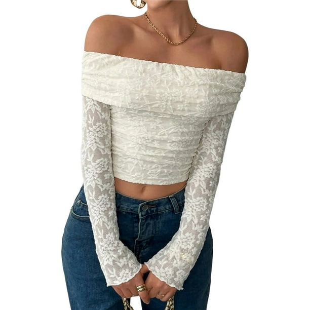 Camiseta de Larga con Hombros Descubiertos y Ribete de Encaje para Mujer, Estilo Y2K, con Doble Forro y Tendencia Crema XL