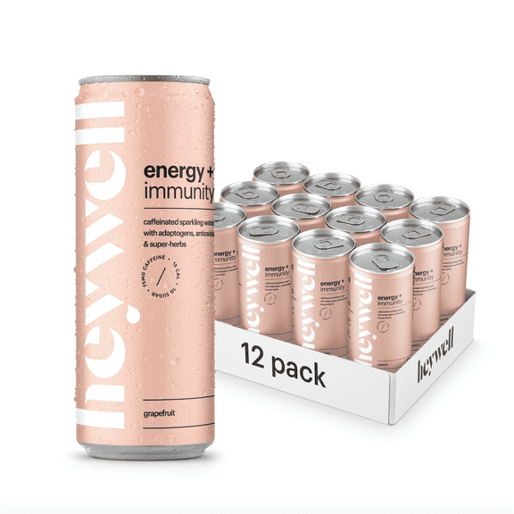 Heywell Sparkling Adaptogenic Water, Energy and Immunity, Grapefruit 12 pack, 12 oz cans