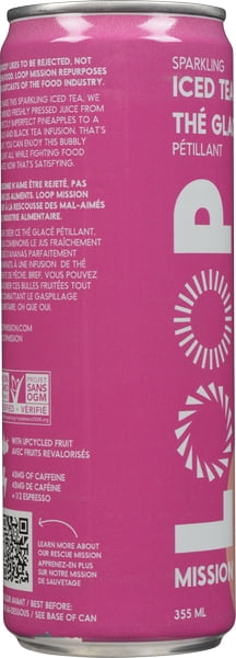 LOOP Mission Sparkling Iced Tea, Low Calorie, Peach Black Tea, Upcycled Real Fruit Juice, 355 mL, 1 Count, Can