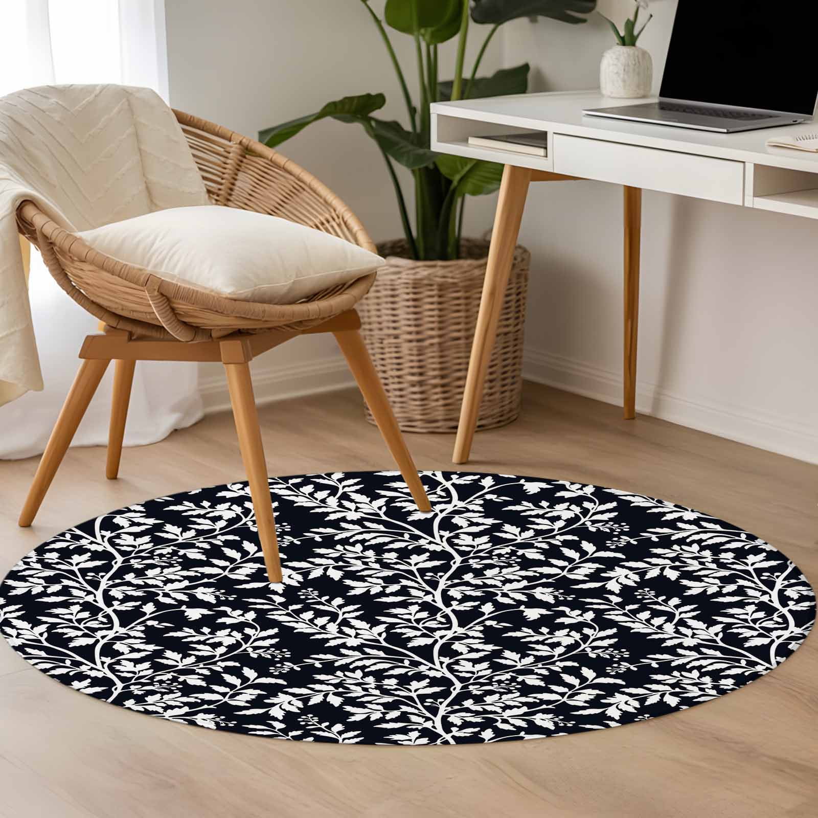 Small Round Rug 3Ft Washable Non-Slip, Black Spring Floral Circle Area Rugs for Living Room Bedroom, Farmhouse Flowers Elegant Pastoral Indoor Floor Mats Carpet Runner for Home Decor