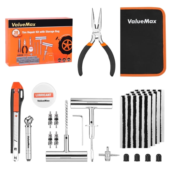ValueMax 38PCS Tire Repair Kit, Universal Heavy Duty Tire Plug Tool Set for Cars, Motorcycles, SUVs, ATVs, Trucks & RVs, Puncture Repair