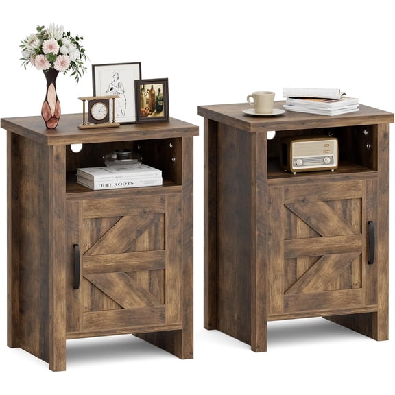 Farmhouse End Tables Set of 2 with Barn Door and Shelf, Classic Oak | Rustic Nightstand for Bedroom,Living Room