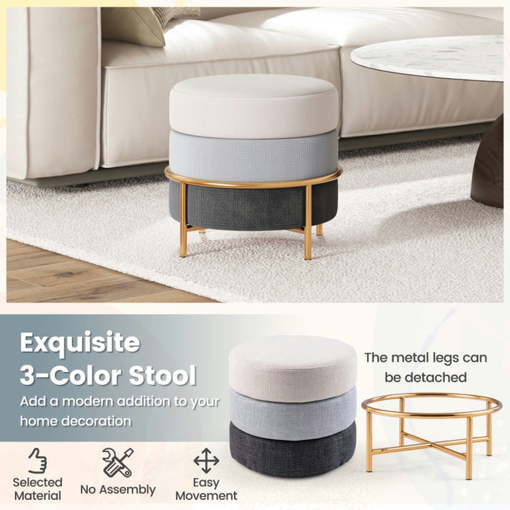 Finihen Ottoman, Foot Stool, Upholstered Round Ottoman, Upholstered Linen Fabric Ottoman with Gold Metal Legs and Anti-slip Foot Pads, for Living Room, Bedroom, Makeup Room, Gray Finihen Ottoman, Foot Stool, Upholstered Round Ottoman, Upholstered Linen Fabric Ottoman with Gold Metal Legs and Anti-slip Foot Pads, for Living Room, Bedroom, Makeup Room, Gray