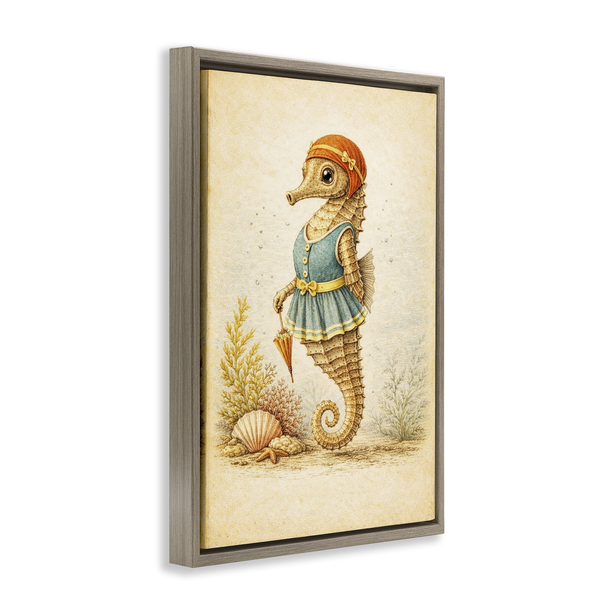 Stupell Industries Maritime Bathing Society Seahorse Brown Framed Floater Canvas Wall Art, design by Grotto Studios