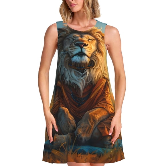 Bixox Robe Sans Manches à Imprimé Lion Méditant Prairie pour Femmes avec Poches, Robe Débardeur Décontractée Longueur Genou pour l'Été-grand