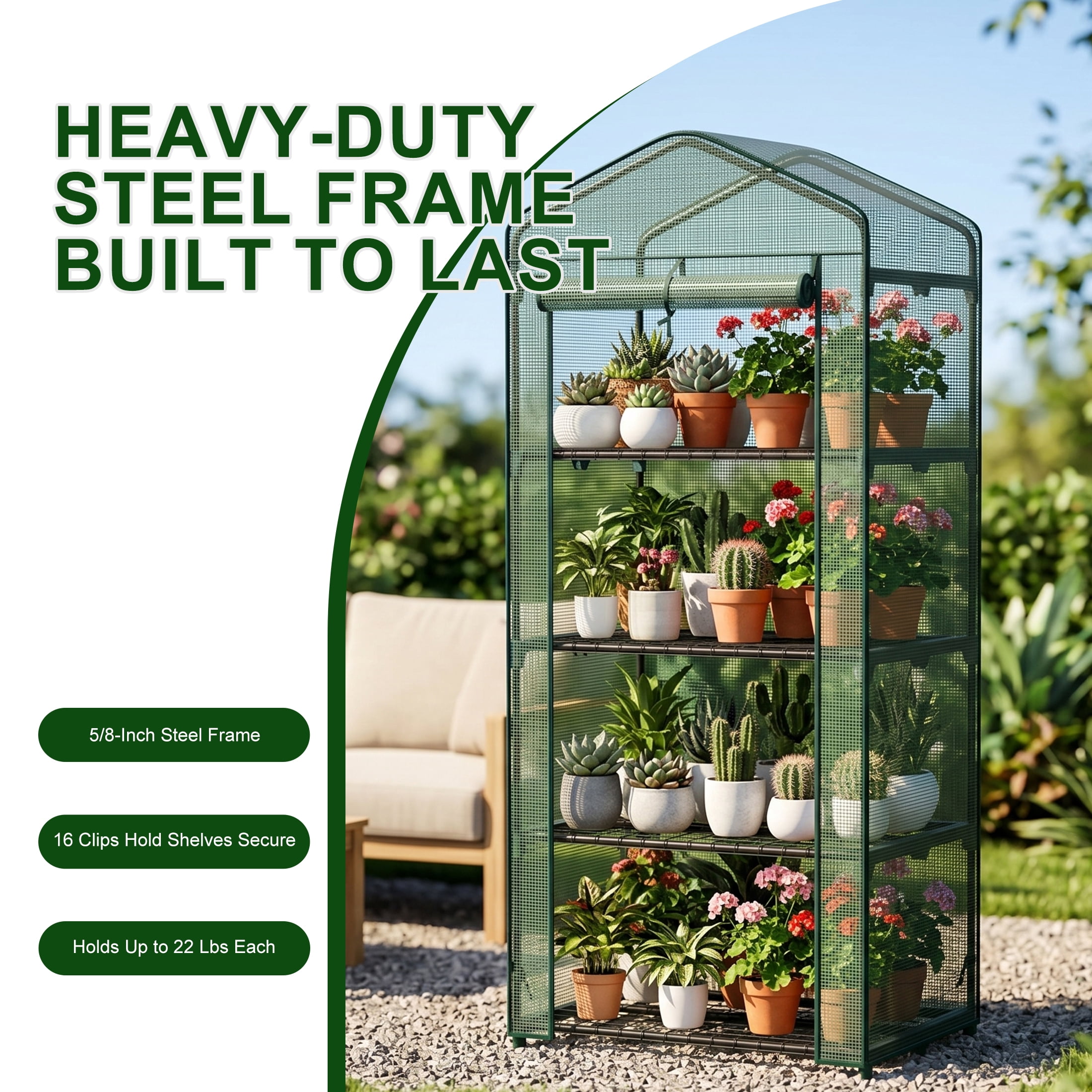 JIOABL 4-Tier Mini Greenhouse with PE Cover, Portable Plant Grow House with Zipper Door & Steel Frame for Indoor Outdoor Garden, Green
