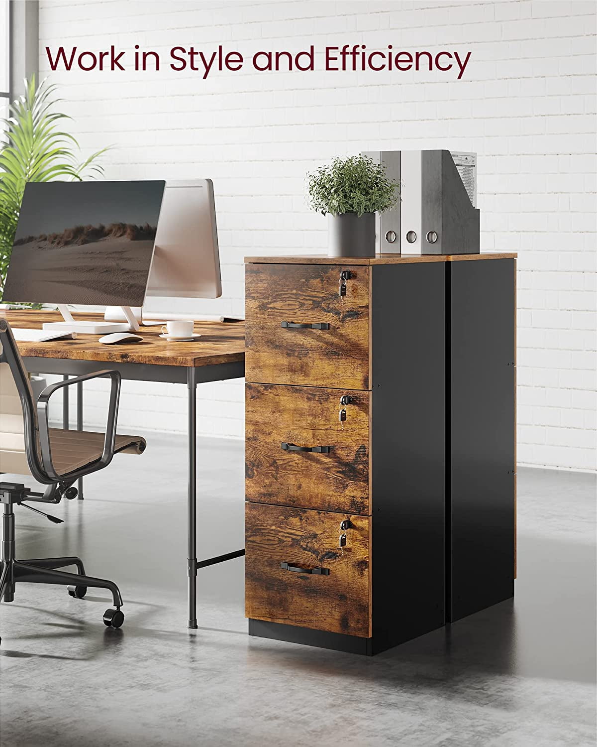 File Cabinet, Printer Stand with 3 Lockable Drawers, Adjustable Hanging Rails, Rustic Brown + Black