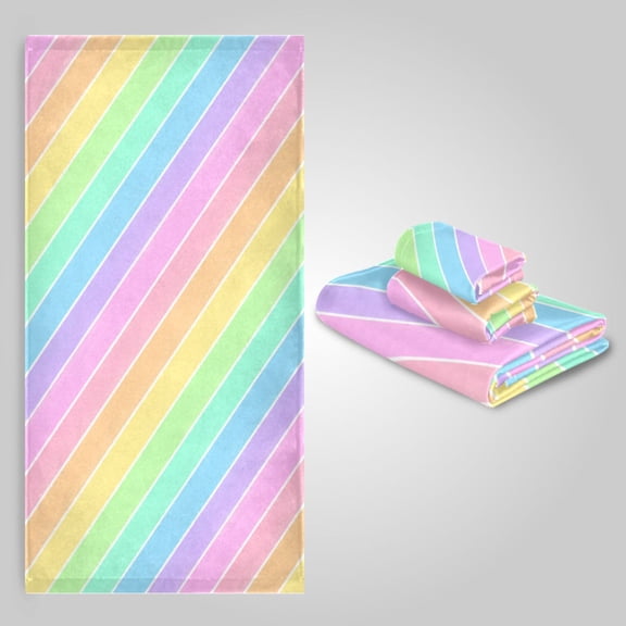 3 Pack Towel Set - Bath Towel, Hand Towel & Washcloth for Daily Household Use Delicate Rainbow Stripes