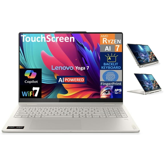 Lenovo Yoga AI Powered 2-in-1 Laptop 16.0" Touchscreen IPS WUXGA Display (AMD Ryzen AI 7 350, 16GB LPDDR5X, 1TB SSD, Backlit KB, Fingerprint, WiFi 7, Webcam, Bluetooth 5.4, Win 11 Home)
